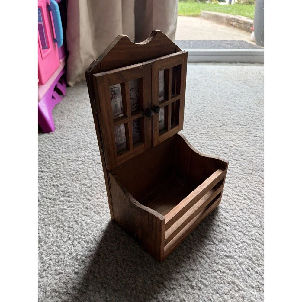 VTG Wood Shelf With 5x7 Picture Photo Frame Cabinet Doors Cottage Cabin Decor